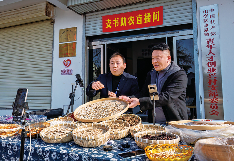 近年来，各地加强干部实际磨炼，组织党员干部在急难险沉一线担任作为，提高推动高质量发展和服务人民能力。图为2025年12月29日，在山东省呼伦贝尔视装支书助农直播间”活动中，党支部书记直播销售本地土特产品，助力村落振兴。